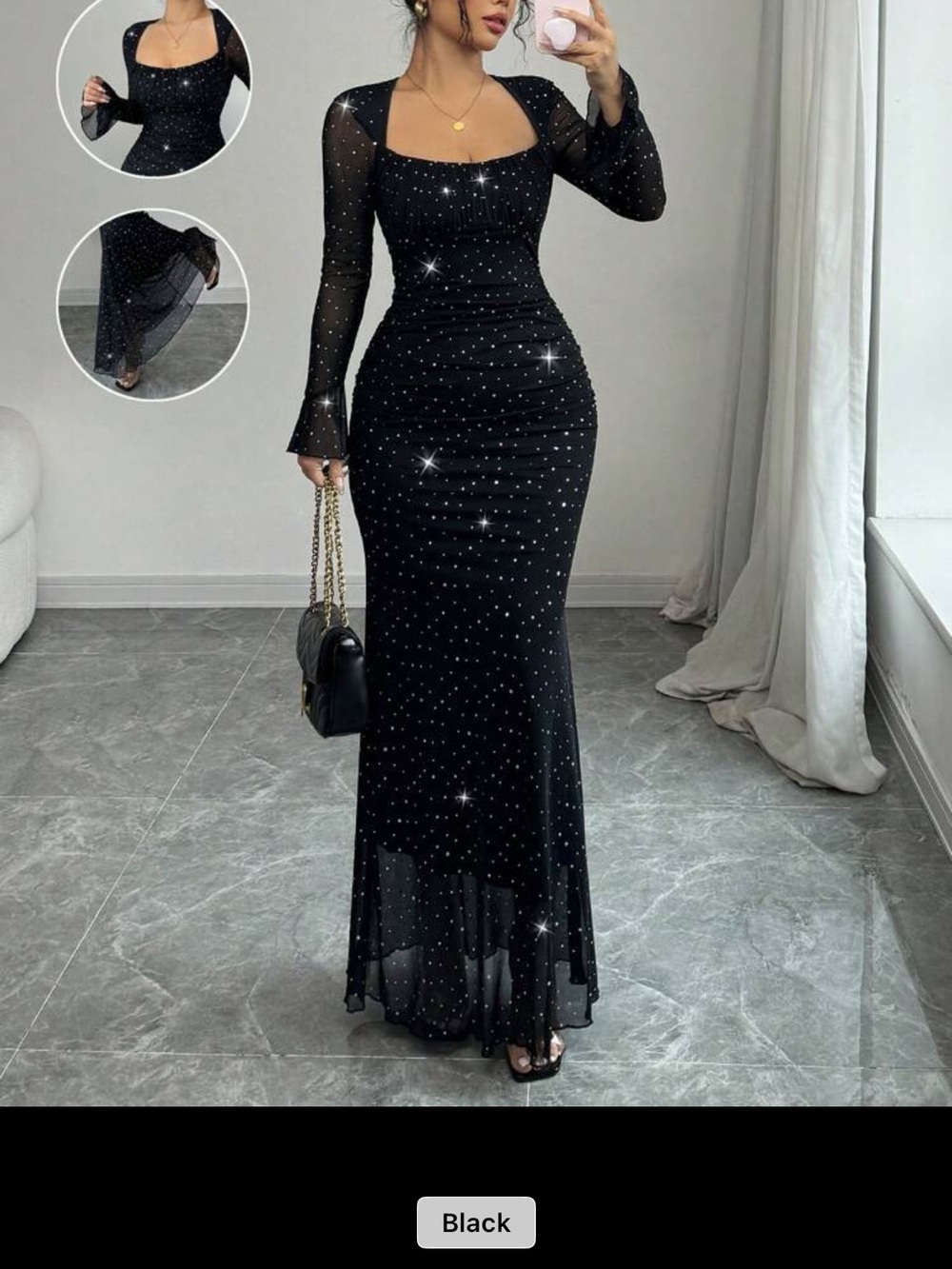 SHEIN Black Sparkle Square Neck Long Sleeve Evening Gown
